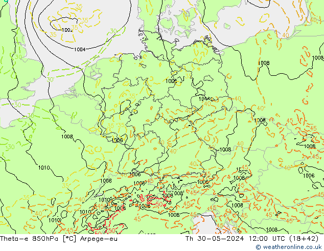 Theta-e 850hPa Arpege-eu do 30.05.2024 12 UTC