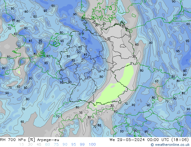 Humedad rel. 700hPa Arpege-eu mié 29.05.2024 00 UTC