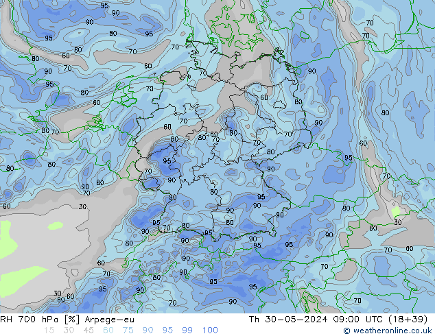 RH 700 hPa Arpege-eu Th 30.05.2024 09 UTC