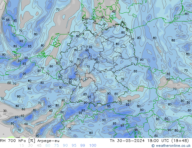 RH 700 hPa Arpege-eu gio 30.05.2024 18 UTC