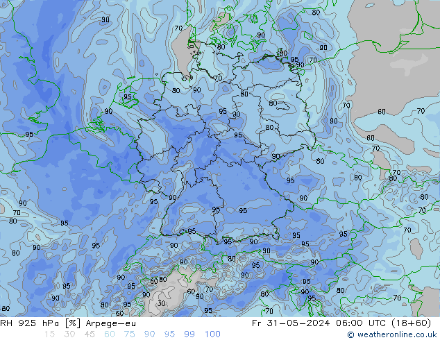 RH 925 hPa Arpege-eu Sex 31.05.2024 06 UTC