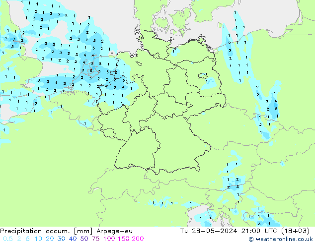 Precipitation accum. Arpege-eu wto. 28.05.2024 21 UTC