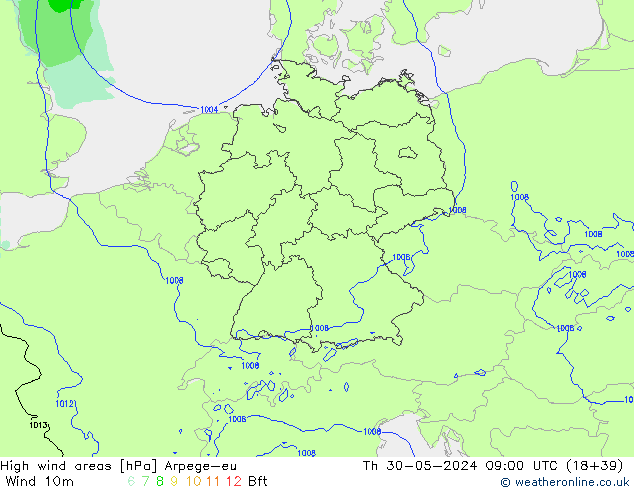 High wind areas Arpege-eu чт 30.05.2024 09 UTC