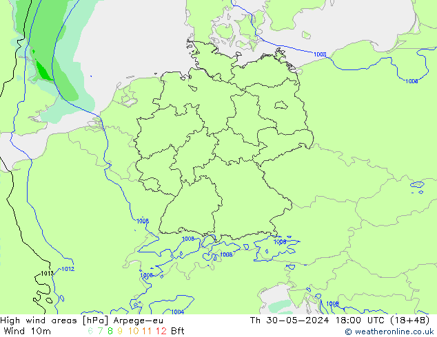 High wind areas Arpege-eu Th 30.05.2024 18 UTC