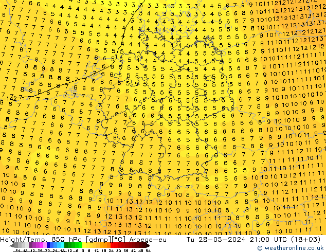 Hoogte/Temp. 850 hPa Arpege-eu di 28.05.2024 21 UTC