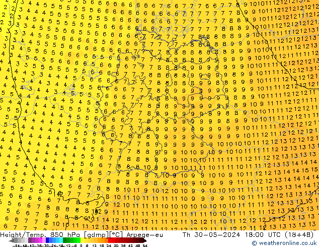 Height/Temp. 850 hPa Arpege-eu Th 30.05.2024 18 UTC