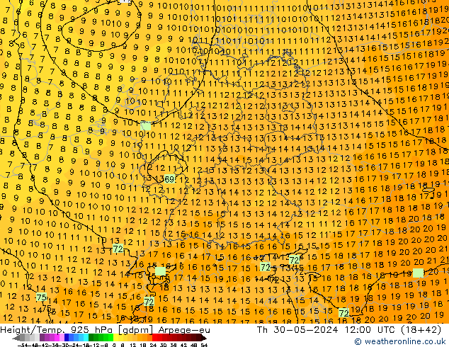 Yükseklik/Sıc. 925 hPa Arpege-eu Per 30.05.2024 12 UTC