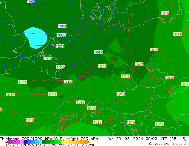 Thck 700-1000 hPa Arpege-eu We 29.05.2024 09 UTC