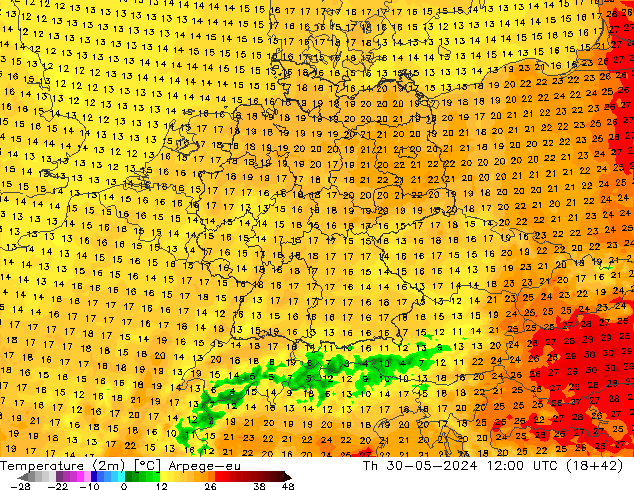 température (2m) Arpege-eu jeu 30.05.2024 12 UTC