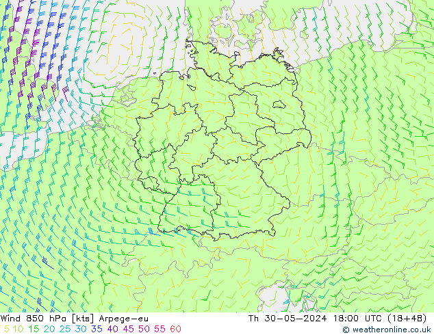 Vento 850 hPa Arpege-eu gio 30.05.2024 18 UTC