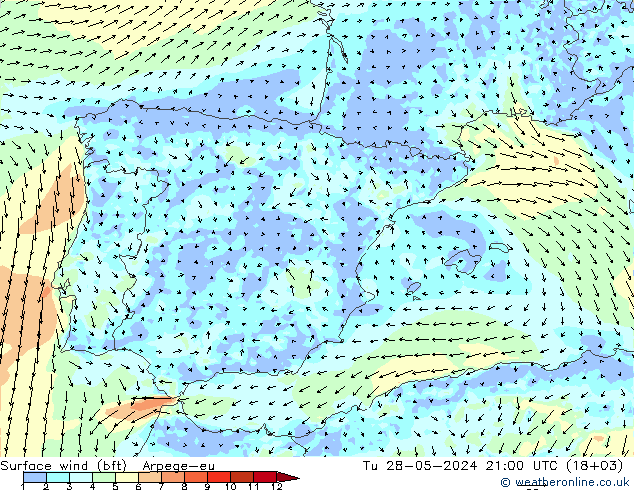 wiatr 10 m (bft) Arpege-eu wto. 28.05.2024 21 UTC