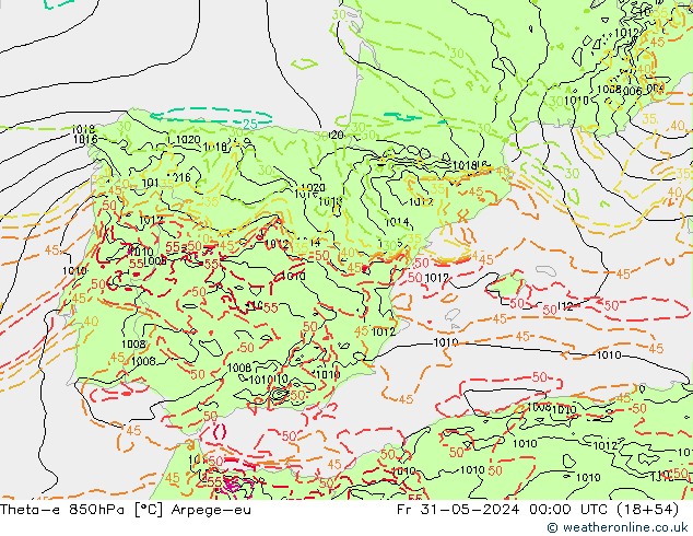 Theta-e 850гПа Arpege-eu пт 31.05.2024 00 UTC