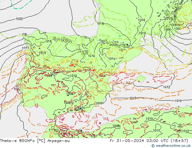 Theta-e 850hPa Arpege-eu Fr 31.05.2024 03 UTC