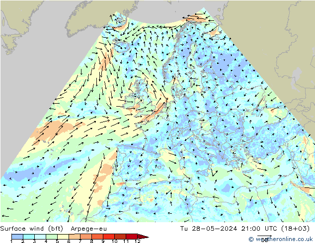 Surface wind (bft) Arpege-eu Tu 28.05.2024 21 UTC
