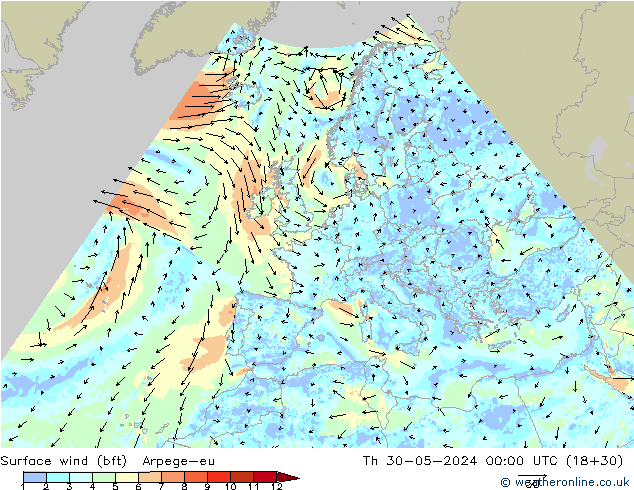 Vent 10 m (bft) Arpege-eu jeu 30.05.2024 00 UTC