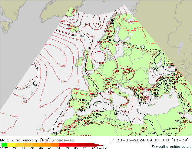 Max. wind velocity Arpege-eu Th 30.05.2024 09 UTC