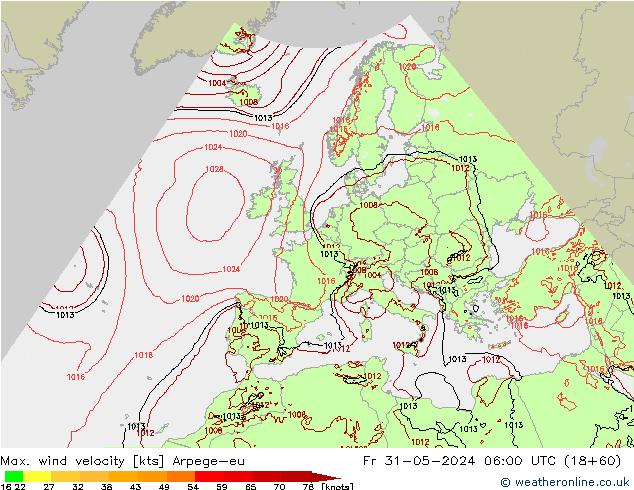 Max. wind snelheid Arpege-eu vr 31.05.2024 06 UTC