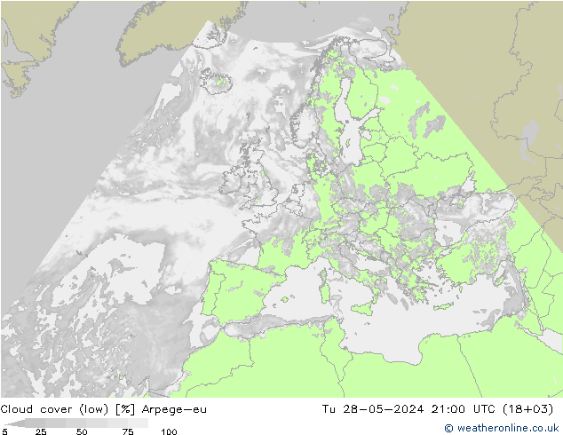Cloud cover (low) Arpege-eu Tu 28.05.2024 21 UTC