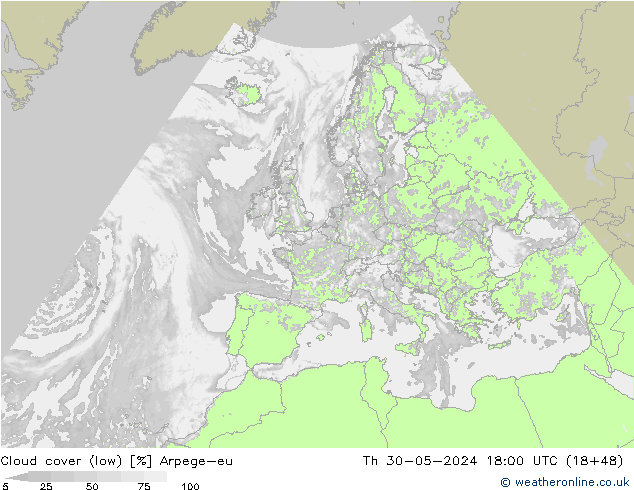 Cloud cover (low) Arpege-eu Th 30.05.2024 18 UTC