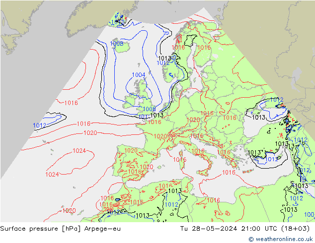 地面气压 Arpege-eu 星期二 28.05.2024 21 UTC