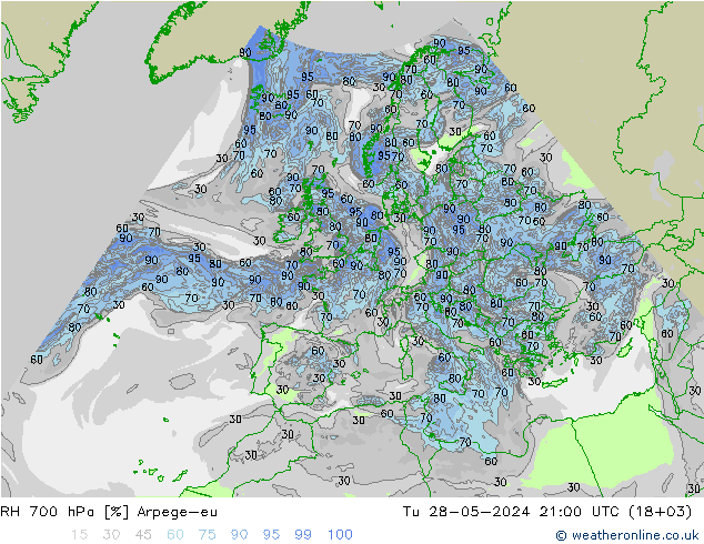 RH 700 hPa Arpege-eu Tu 28.05.2024 21 UTC