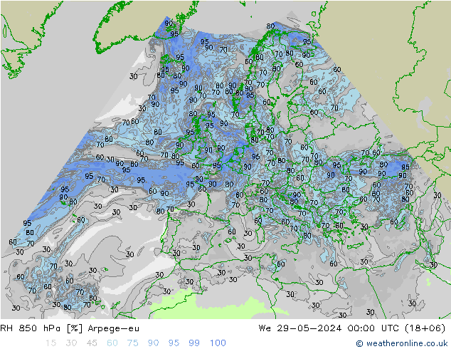 RH 850 hPa Arpege-eu 星期三 29.05.2024 00 UTC