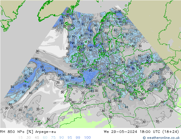 RH 850 hPa Arpege-eu 星期三 29.05.2024 18 UTC