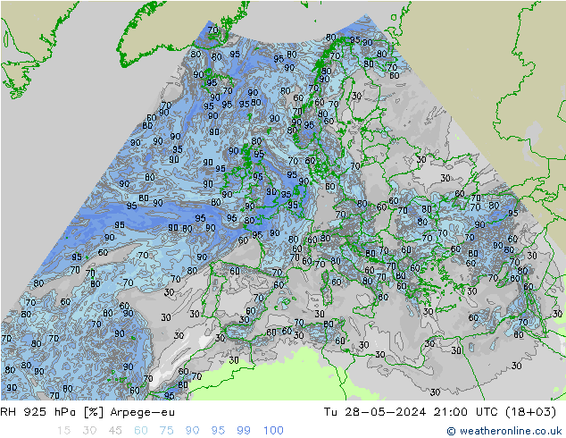 RH 925 гПа Arpege-eu вт 28.05.2024 21 UTC