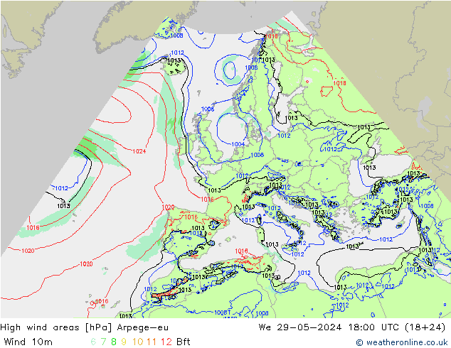 High wind areas Arpege-eu 星期三 29.05.2024 18 UTC