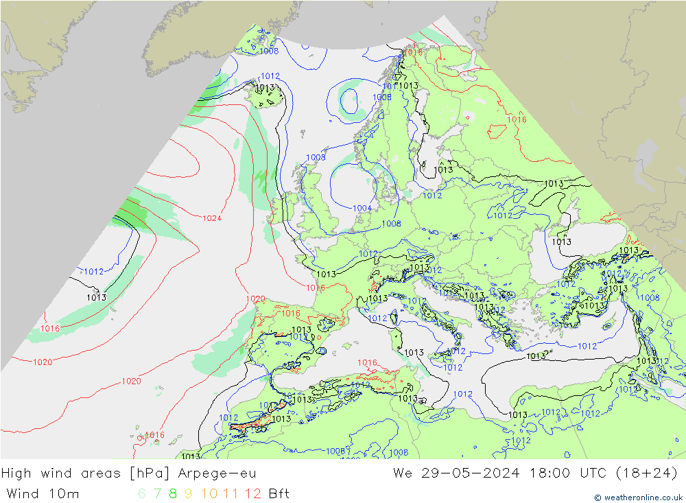 High wind areas Arpege-eu We 29.05.2024 18 UTC