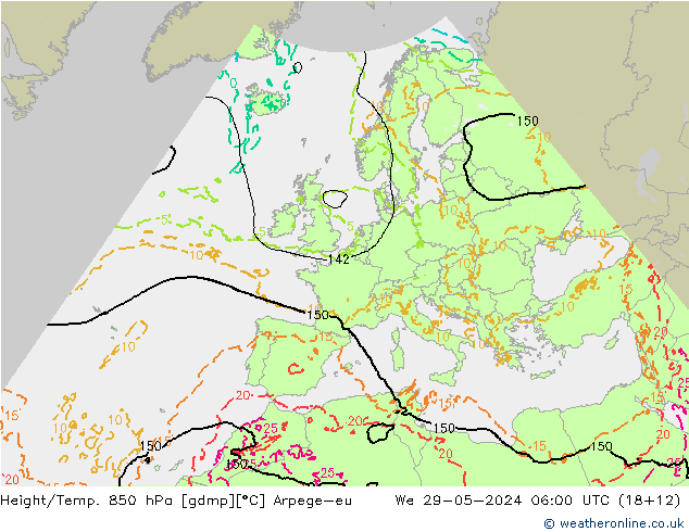 Hoogte/Temp. 850 hPa Arpege-eu wo 29.05.2024 06 UTC