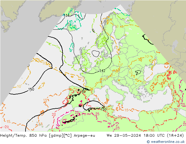 Géop./Temp. 850 hPa Arpege-eu mer 29.05.2024 18 UTC