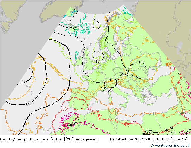 Hoogte/Temp. 850 hPa Arpege-eu do 30.05.2024 06 UTC