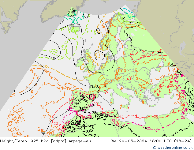 Height/Temp. 925 hPa Arpege-eu 星期三 29.05.2024 18 UTC