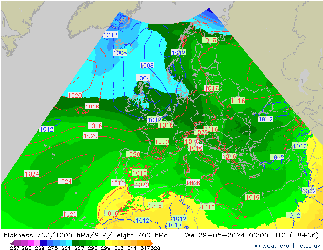 Thck 700-1000 hPa Arpege-eu We 29.05.2024 00 UTC