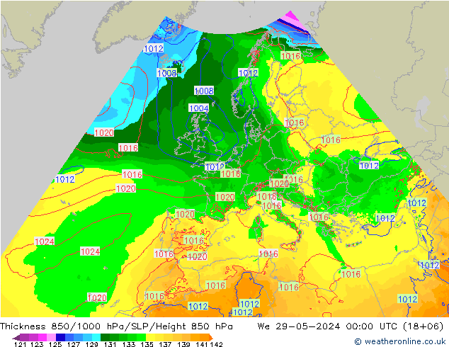 Thck 850-1000 hPa Arpege-eu We 29.05.2024 00 UTC