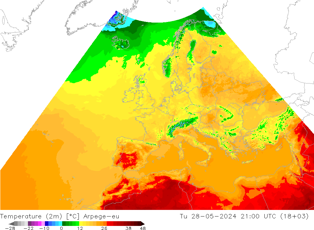 Sıcaklık Haritası (2m) Arpege-eu Sa 28.05.2024 21 UTC