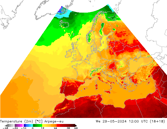 Temperatura (2m) Arpege-eu mer 29.05.2024 12 UTC