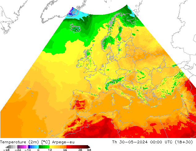 Temperature (2m) Arpege-eu Th 30.05.2024 00 UTC