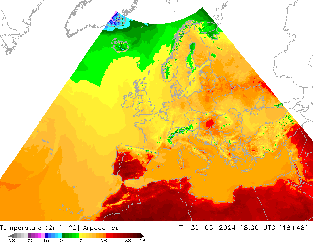 Temperature (2m) Arpege-eu Čt 30.05.2024 18 UTC
