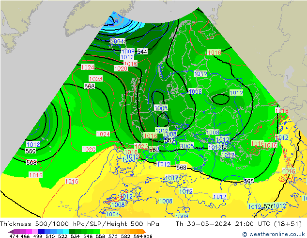 Thck 500-1000гПа Arpege-eu чт 30.05.2024 21 UTC