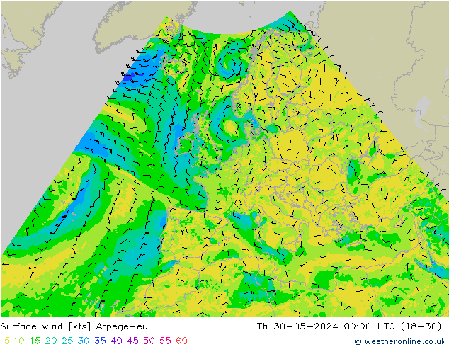 Wind 10 m Arpege-eu do 30.05.2024 00 UTC