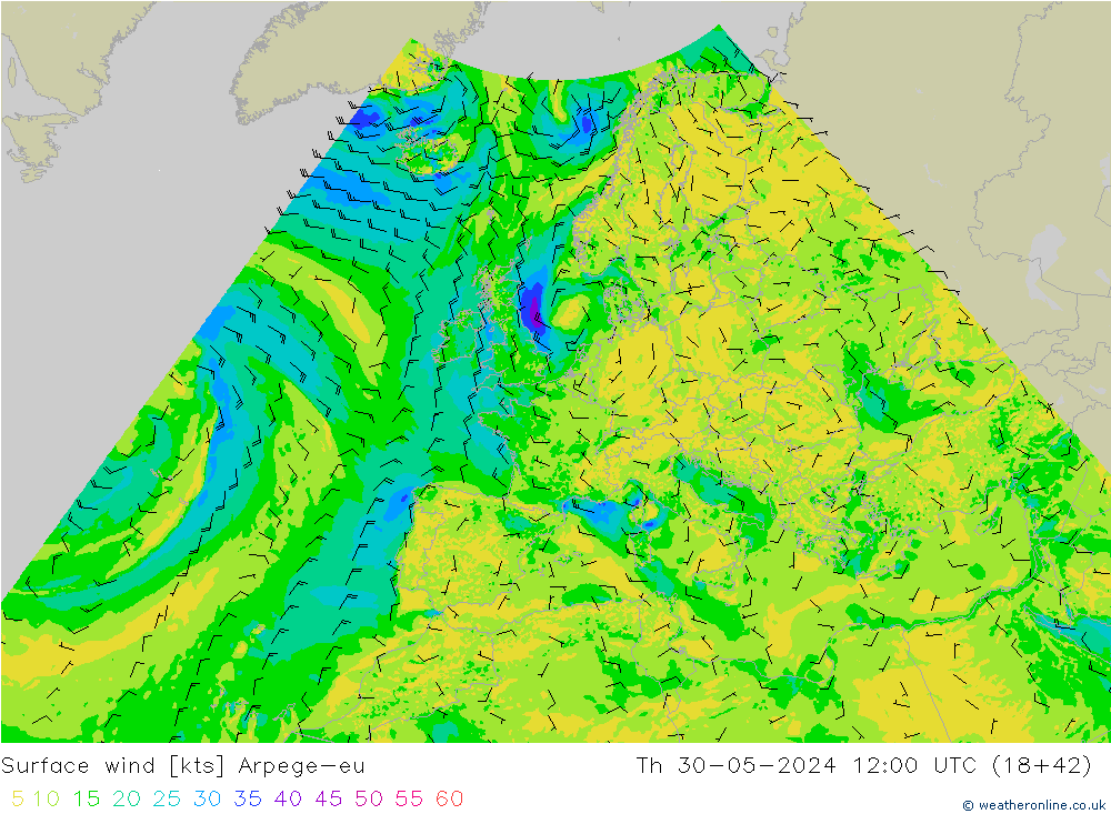 Surface wind Arpege-eu Th 30.05.2024 12 UTC