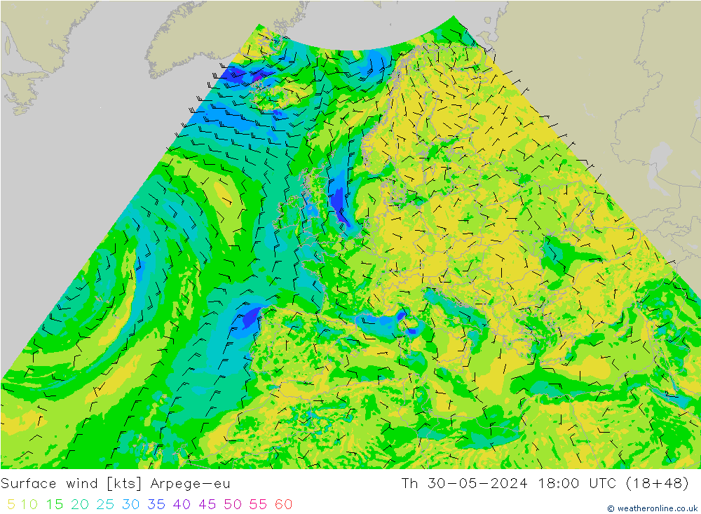 Surface wind Arpege-eu Th 30.05.2024 18 UTC