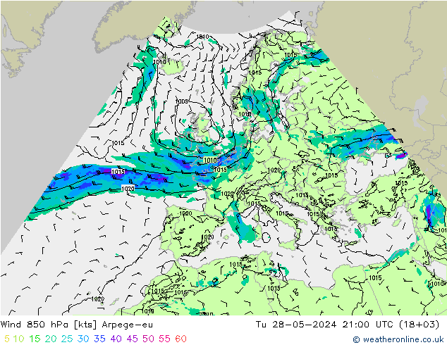 Wind 850 hPa Arpege-eu Tu 28.05.2024 21 UTC