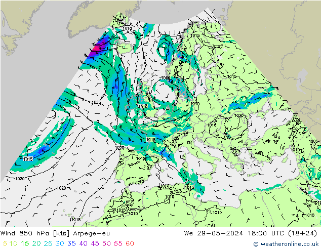 Vento 850 hPa Arpege-eu Qua 29.05.2024 18 UTC