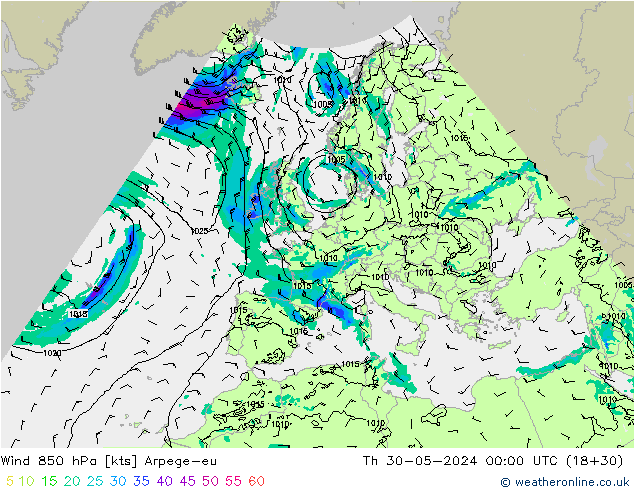 wiatr 850 hPa Arpege-eu czw. 30.05.2024 00 UTC