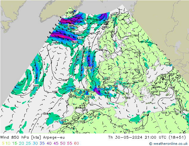ветер 850 гПа Arpege-eu чт 30.05.2024 21 UTC