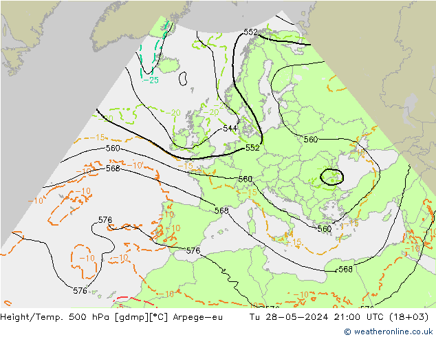 Height/Temp. 500 hPa Arpege-eu 星期二 28.05.2024 21 UTC