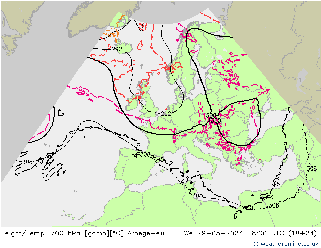 Height/Temp. 700 hPa Arpege-eu  29.05.2024 18 UTC